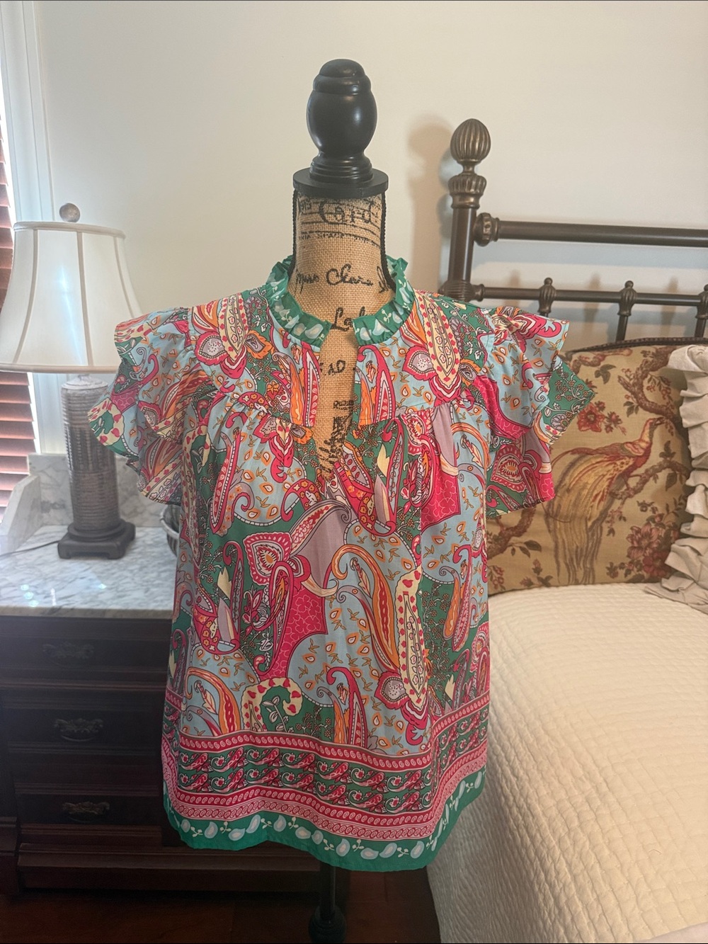 Joy Joy Floral Paisley Ruffle-Sleeve Blouse in Light Blue and Green